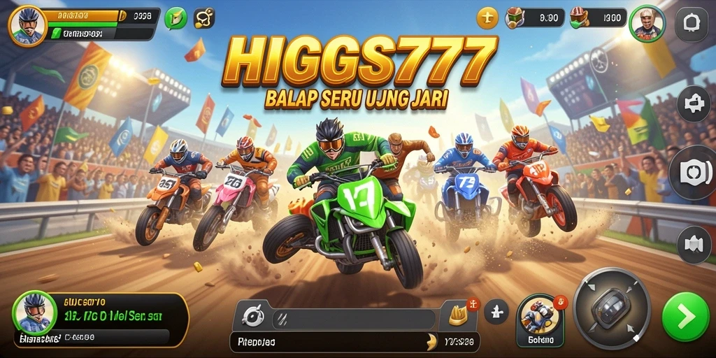 Screenshot HIGGS777 menampilkan aksi balapan yang mendebarkan dengan mobil yang melaju kencang.